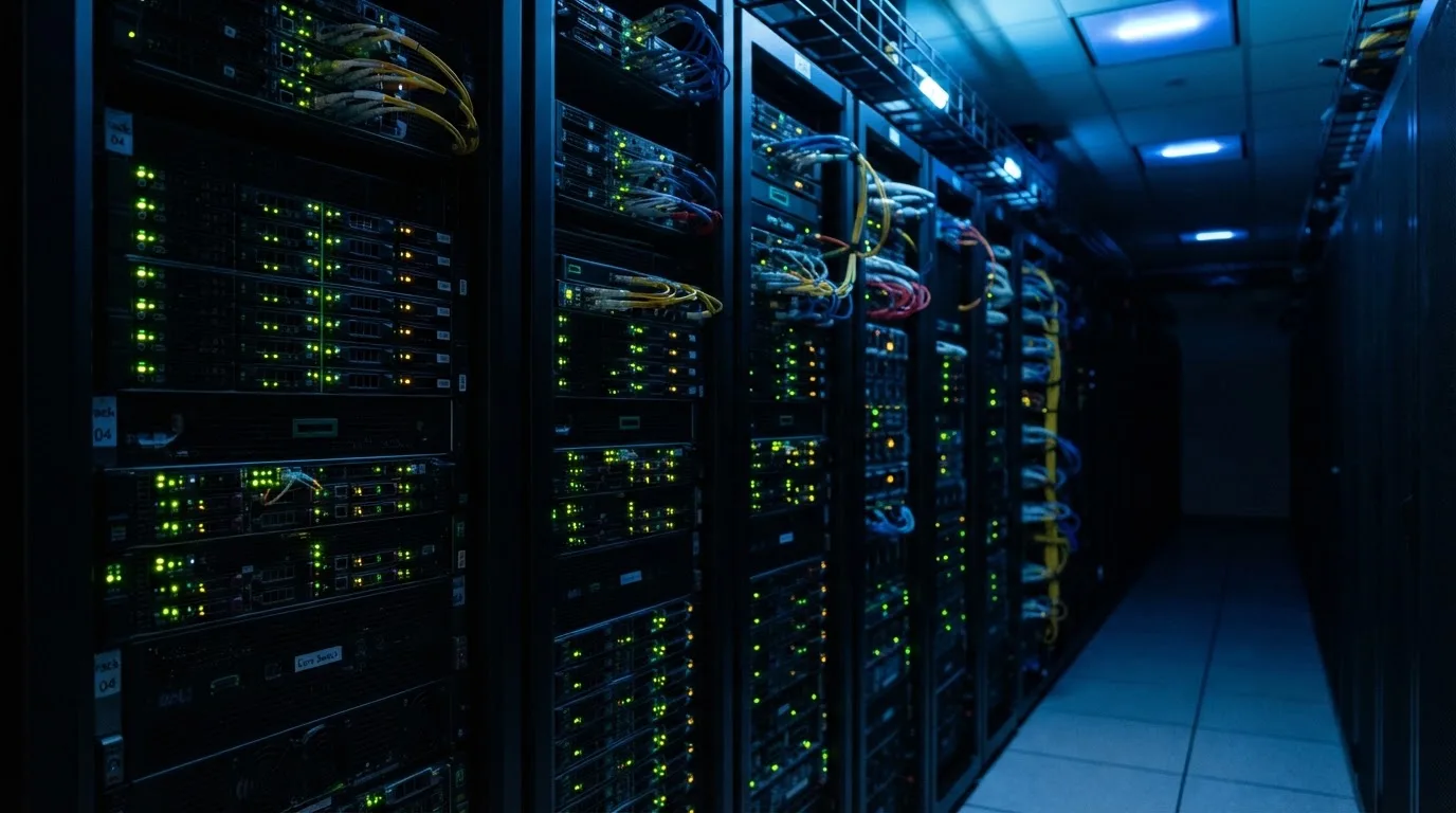 Nahaufnahme mehrerer vernetzter Server in einem Rechenzentrum, blinkende Lichter im Halbdunkel.