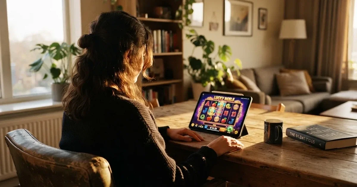Frau sitzt am Wohnzimmertisch und schaut konzentriert auf ihr Tablet, Nachmittagslicht durchs Fenster.
