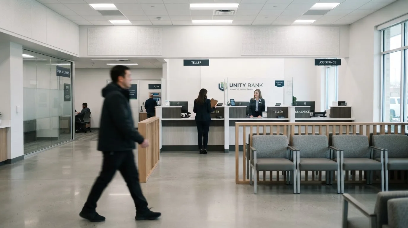Blick auf eine helle Bankfiliale mit Wartebereich, im Vordergrund unscharf eine Person mit Jacke.